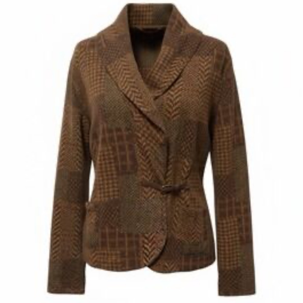 Ralph Lauren Brown Patchwork Jacket Women's Medium Shawl Collar Leather Buckle